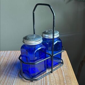 Vintage Cobalt Blue Glass Salt & Pepper Shakers with Wrought Iron Caddy.